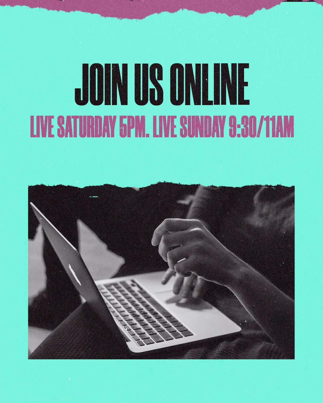Teal and purple church social media template with "Join Us Online" text and black and white laptop image promoting virtual service times