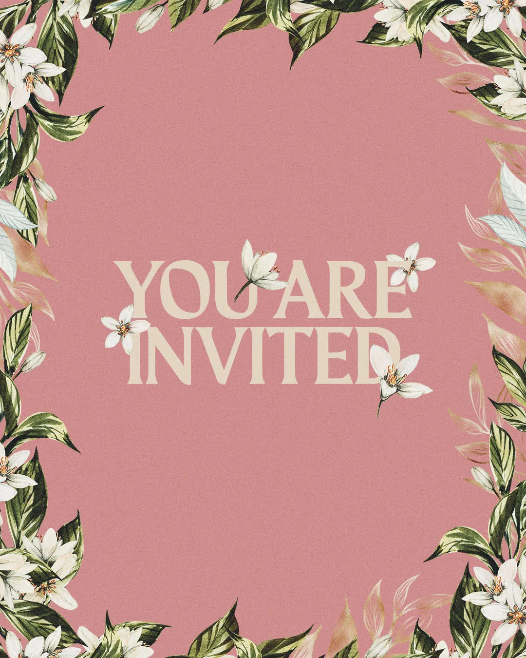 Pink floral church invitation template with "You Are Invited" text surrounded by white lilies and green leaves for social media posts