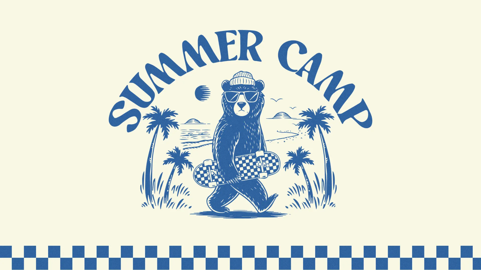 Vintage blue illustration of skateboarding bear with sunglasses and "Summer Camp" text with palm trees and beach scene for church kids program