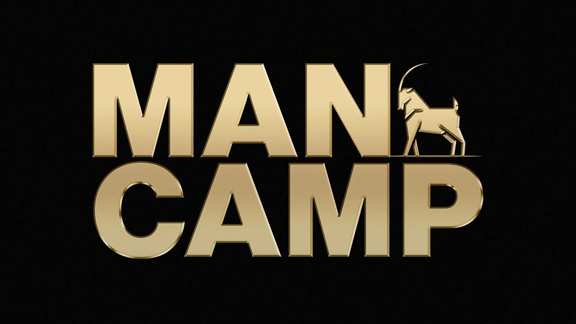 Bold gold metallic "MAN CAMP" text with ram icon on black background for church men's ministry event