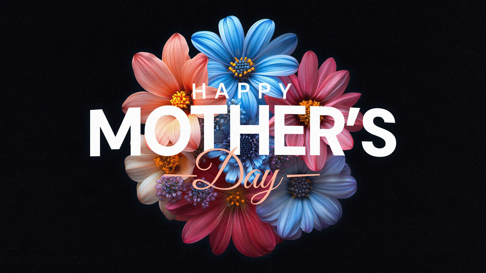 Happy Mother's Day church graphic with colorful daisies in blue, pink, and orange against black background for church services