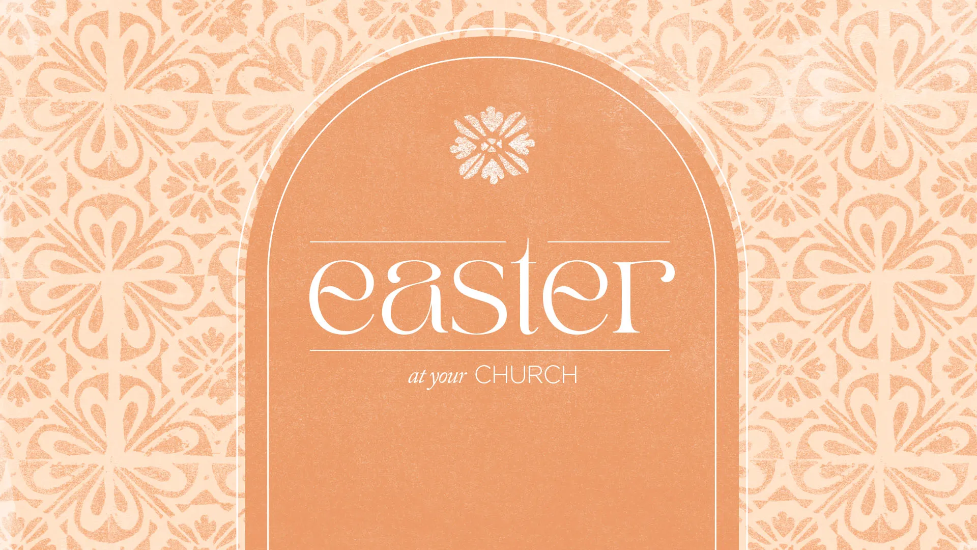 Elegant Easter church media with white typography on soft peach arched background with delicate floral pattern design for welcoming Easter Sunday service attendees.