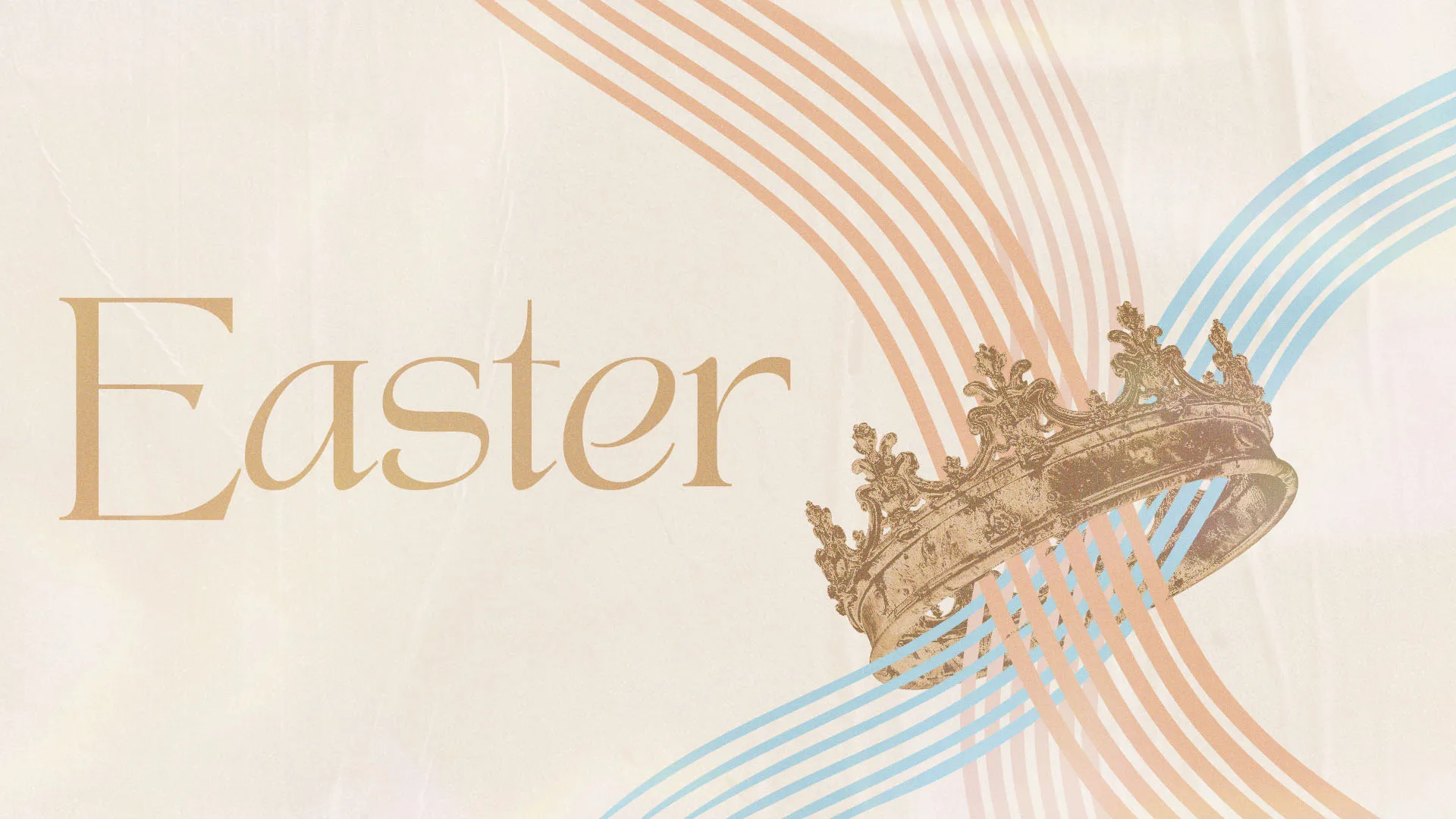 Elegant Easter church graphic with gold royal crown on cream background with soft blue and peach curved lines for resurrection service media.