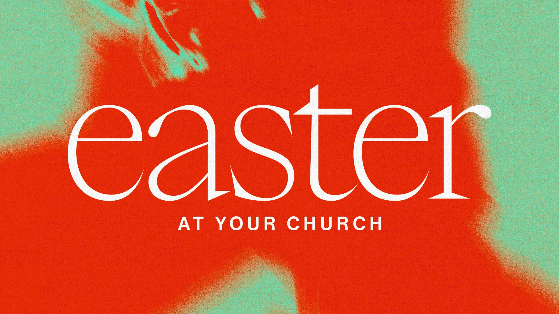 Bold Easter church announcement with red and teal color blocking and minimalist white typography.