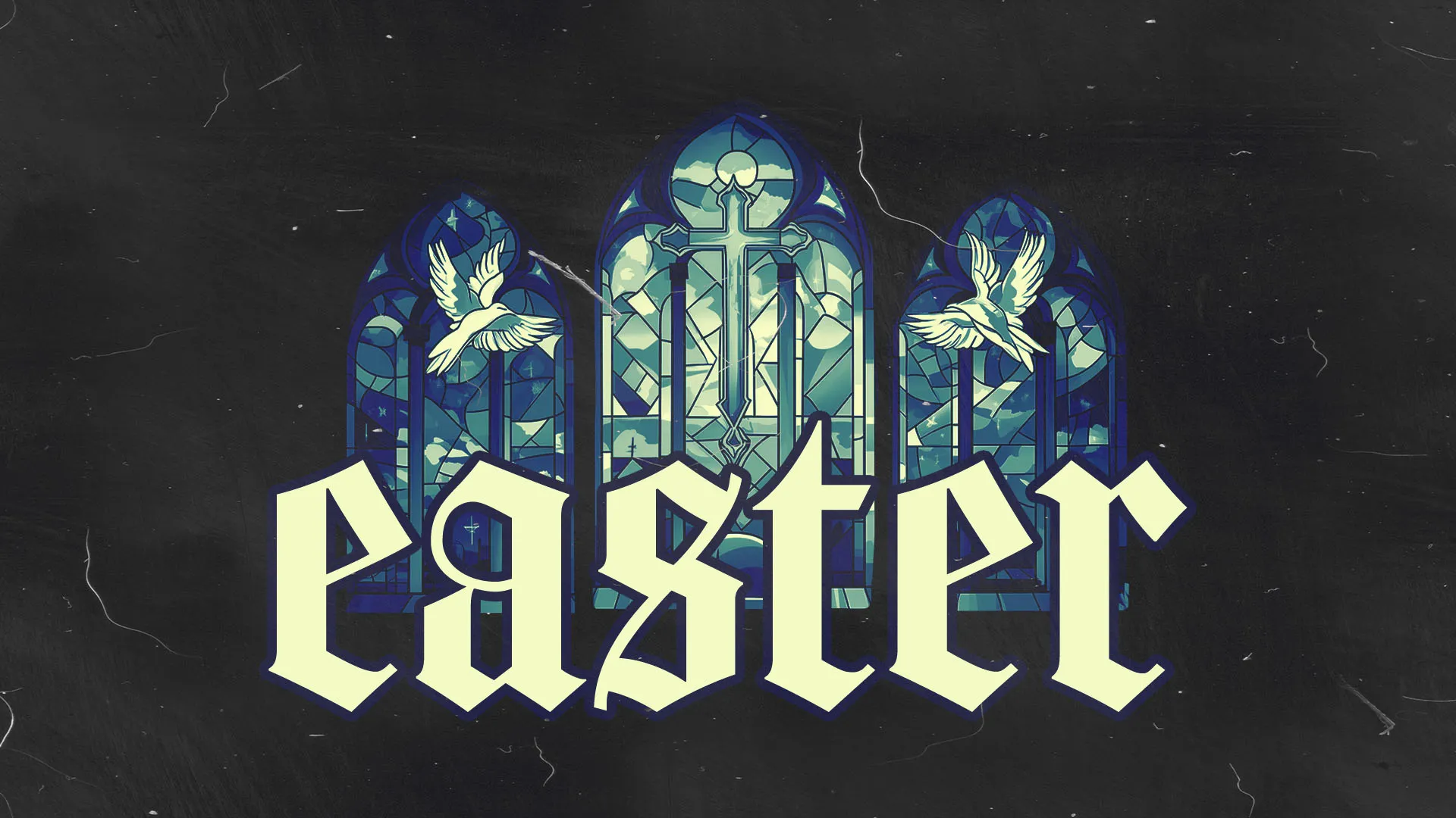 Easter church graphic with Gothic stained glass windows featuring cross and doves with bold "EASTER" typography on dark background.