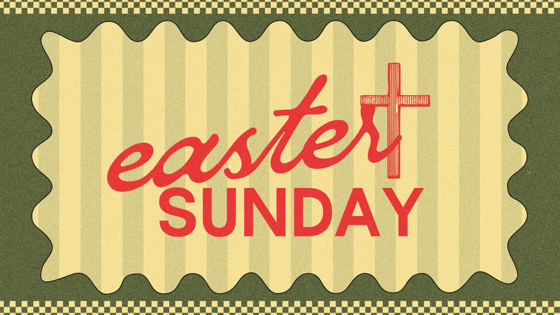 Easter Sunday church announcement with vintage yellow striped background, green border, and red typography with cross design.