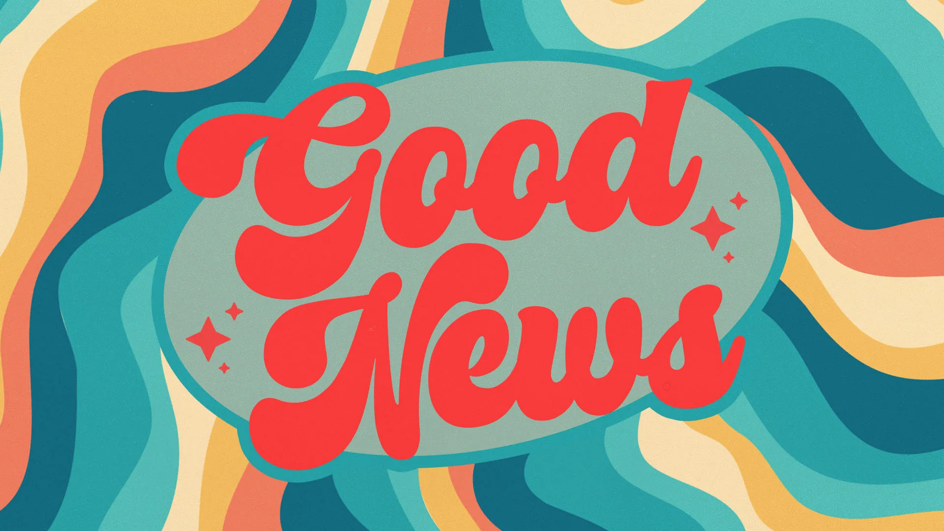 Retro-inspired "Good News" church media graphic featuring bold red text on teal background with flowing colorful waves in yellow, orange, and blue.