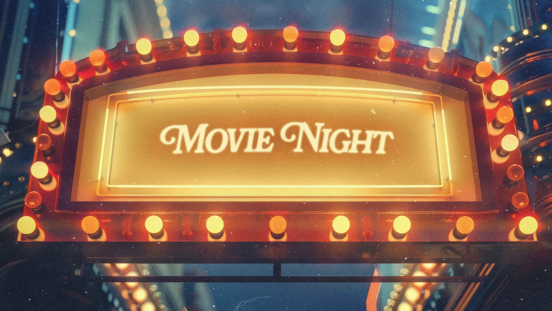 Bright marquee announcing "Your Church Movie Night" with lights, inviting community fellowship and joyful gathering.