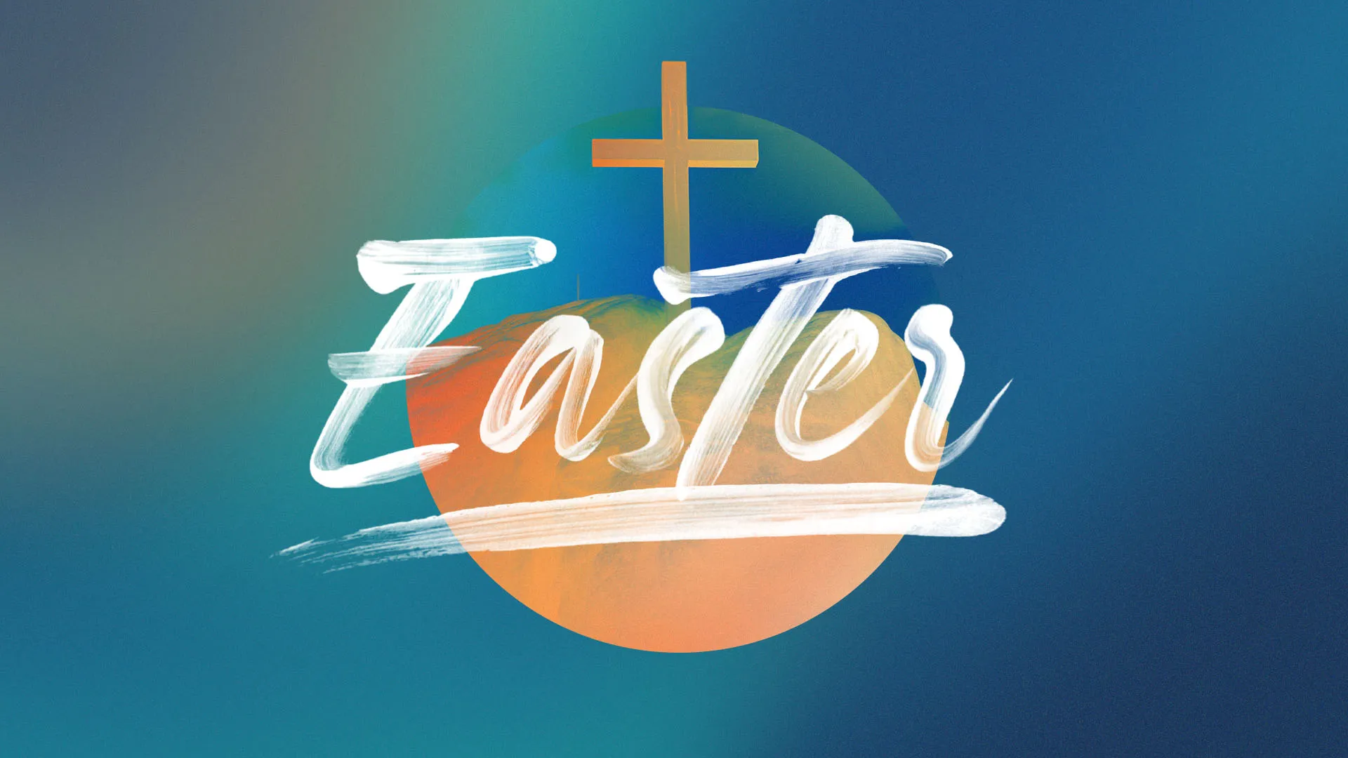 Artistic Easter graphic with brushed white "Easter" text, gold cross and orange circle element on gradient blue background
