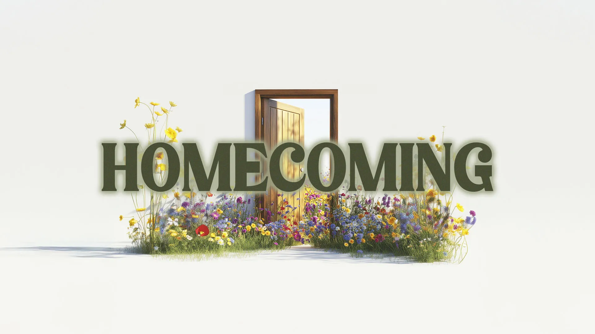 Professional church graphic with bold green "HOMECOMING" text over an open wooden door surrounded by colorful wildflowers on white background