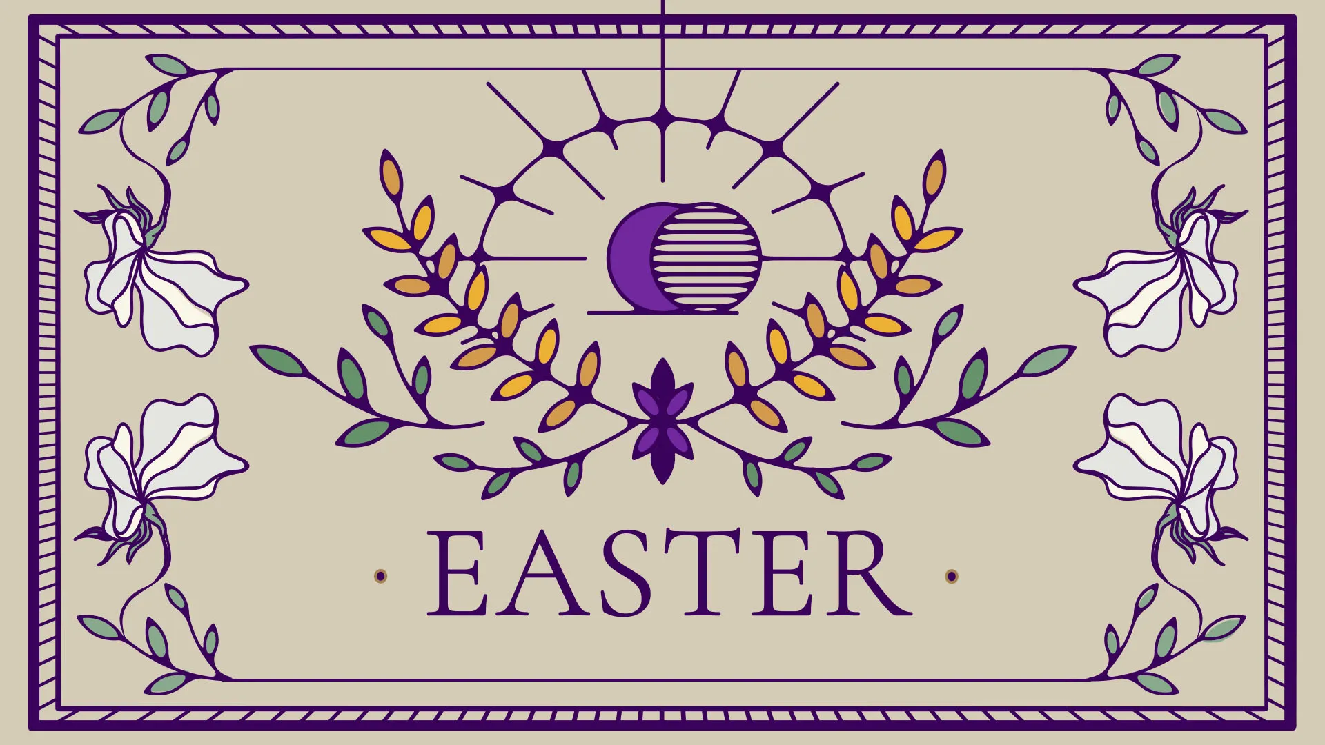 Traditional Easter church graphic with purple floral design featuring lilies, palm branches and rising sun on cream background for Easter service announcements