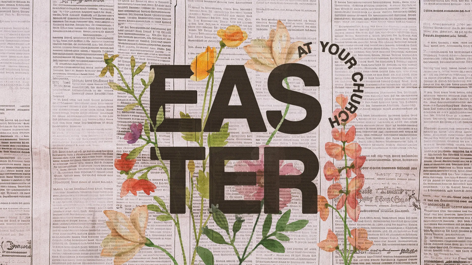 Typography design featuring the word 'faith' in black letters decorated with pink and orange flowers on vintage newspaper background