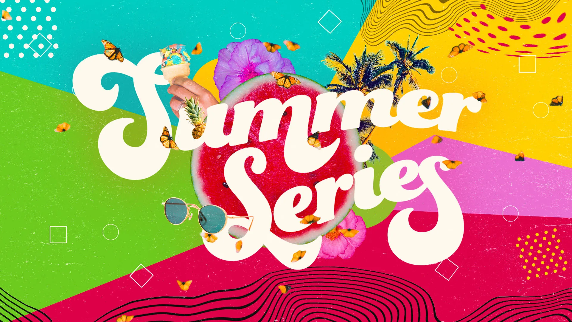 "Summer Series" text in white with colorful background featuring butterflies, tropical elements, and geometric patterns