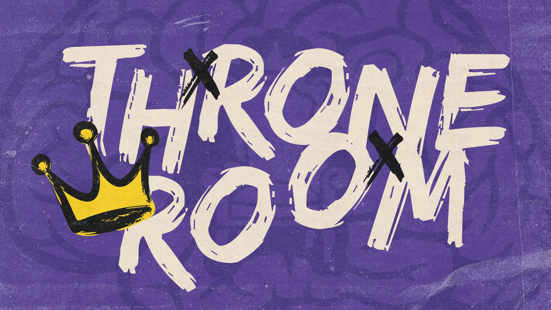 "Bold text 'Throne Room' with a gold crown on a purple background, symbolizing worship and divine presence."