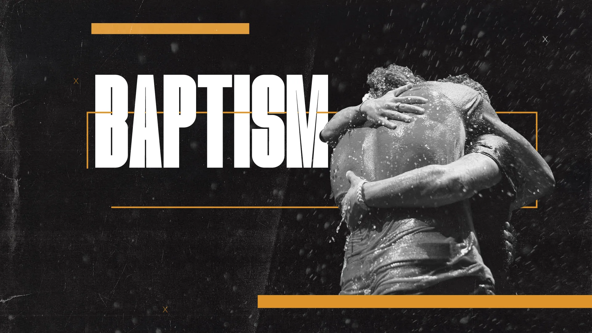 "BAPTISM" text in bold white letters with black and white photo of baptism moment, framed by gold accents