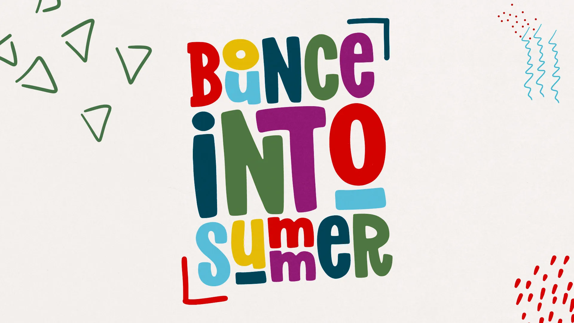 "Bounce into Summer" multicolored playful typography with geometric design elements for church summer programs