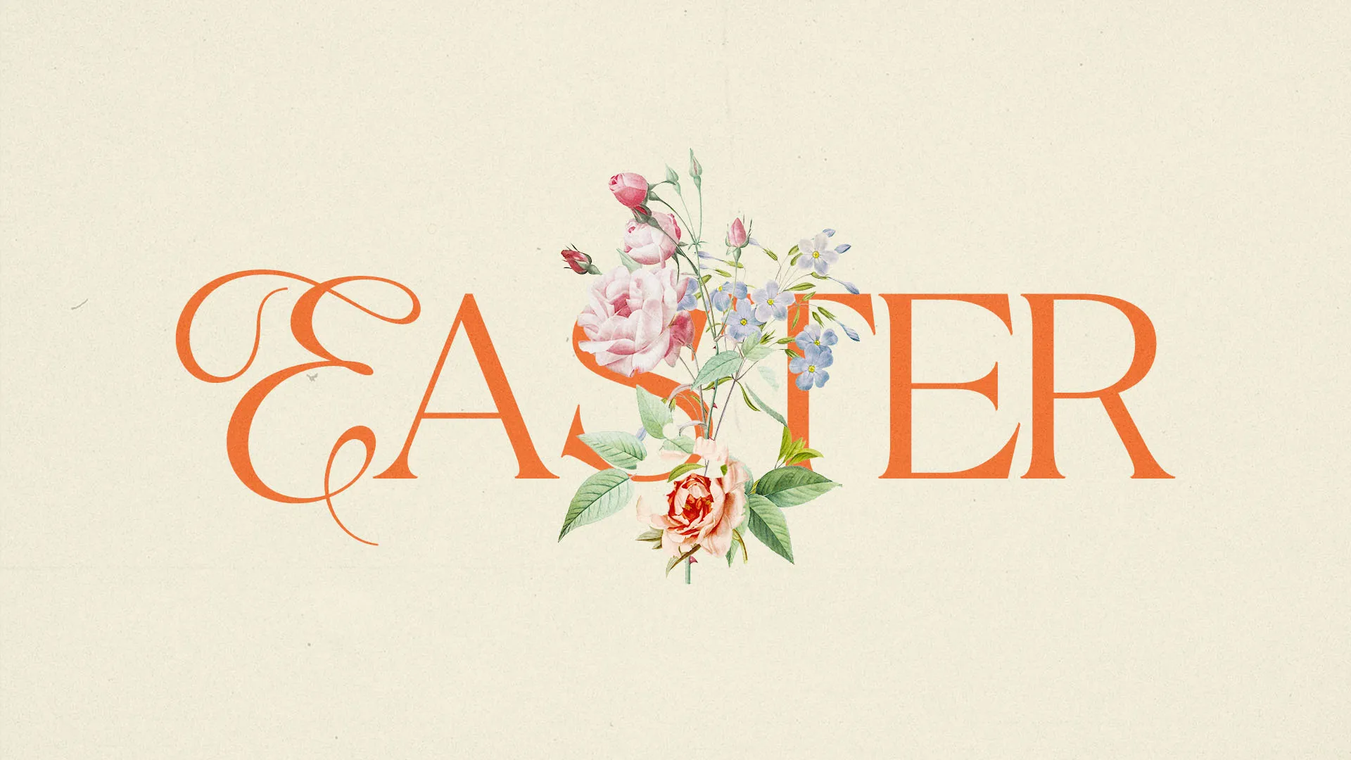 Elegant Easter typography design featuring orange letters with vintage watercolor florals in pink and blue on cream background