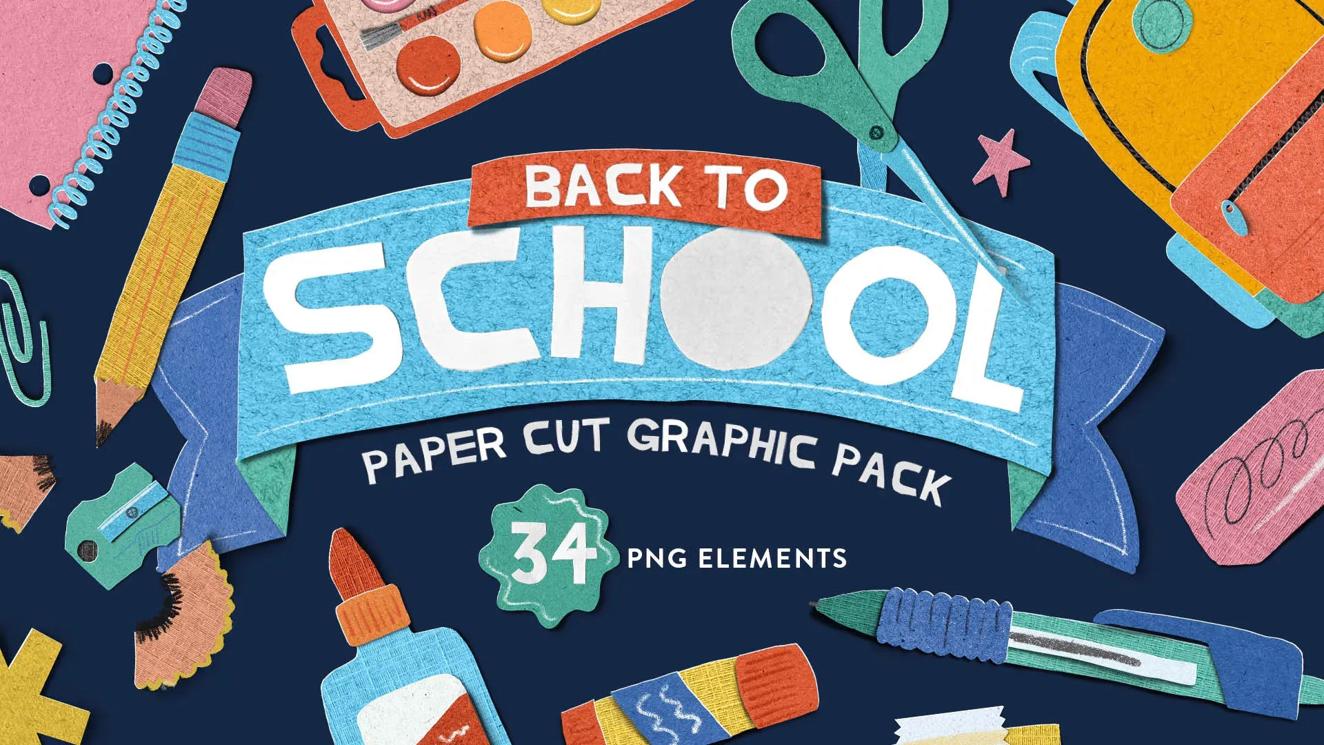 Back to School paper cut graphics pack featuring colorful school supplies including pencils, scissors, and notebooks on navy background with 34 PNG elements for church media
