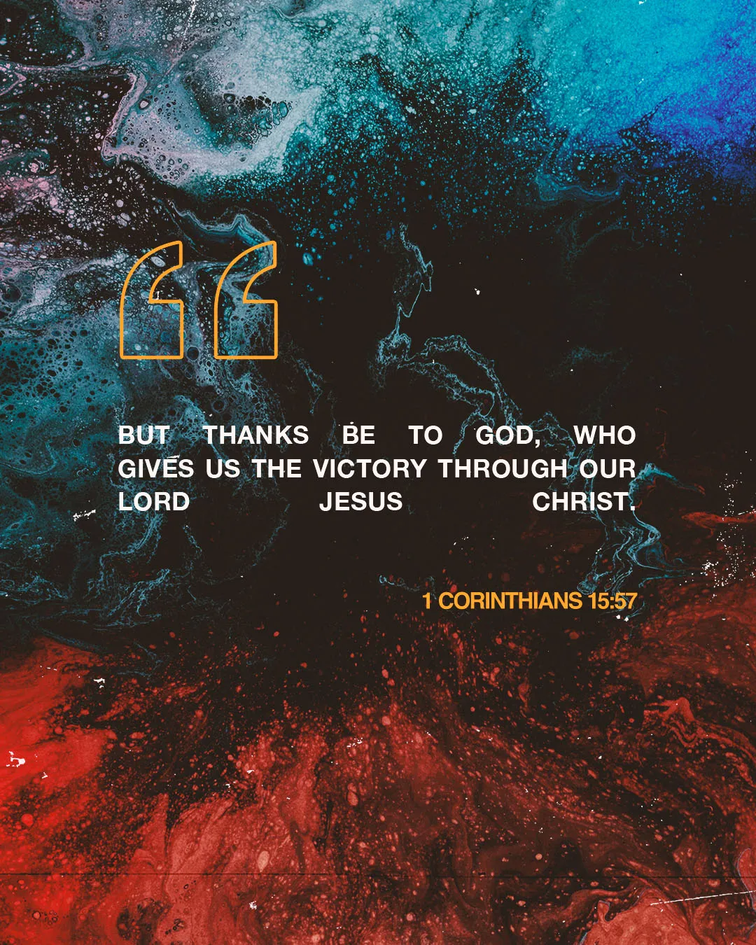 Experimental church media design featuring 1 Corinthians 15:57 "But thanks be to God, who gives us the victory through our Lord Jesus Christ" on abstract blue and red fluid art background.