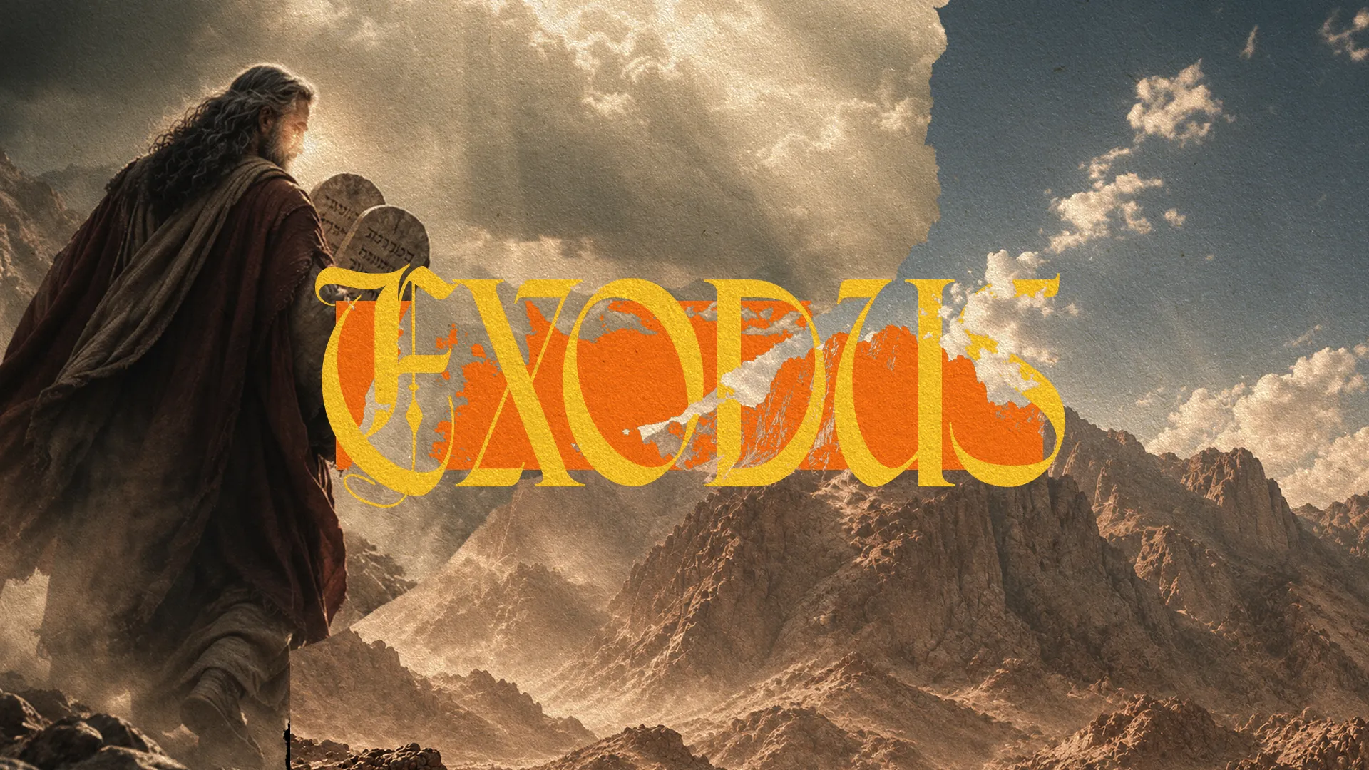 Moses holds the tablets of the Ten Commandments, set against a dramatic mountain landscape, symbolizing faith and divine guidance.