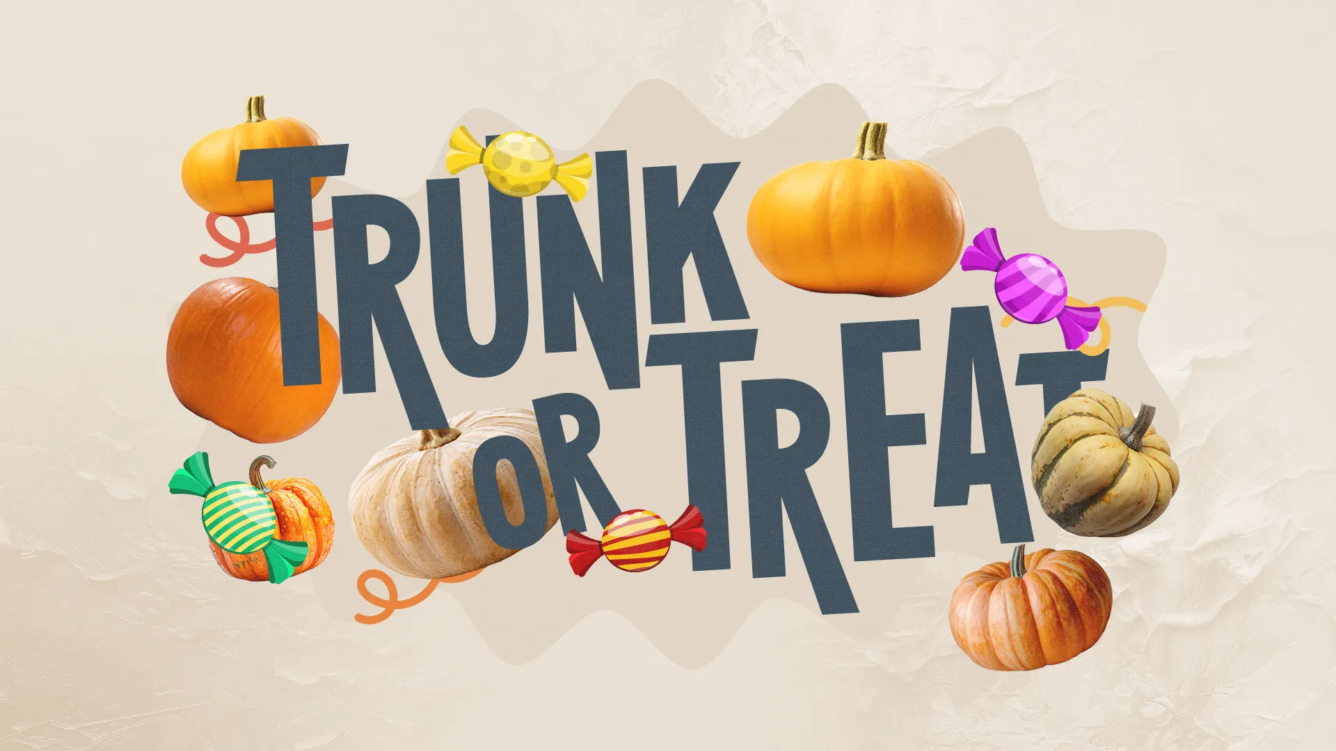 Festive pumpkins and colorful candies promote community fun at the church's Trunk or Treat event.