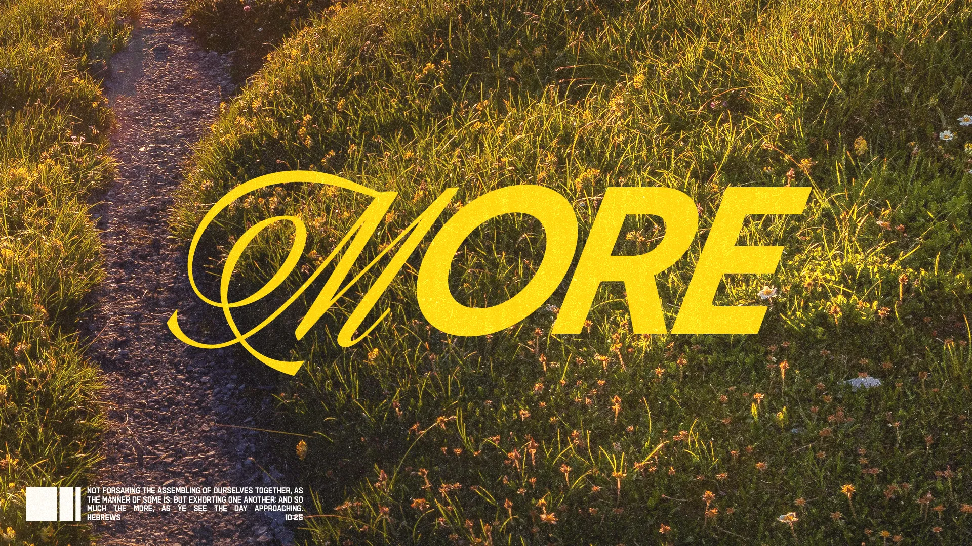 Pathway through lush grass with the word "MORE" in bold yellow, symbolizing growth in faith and community.