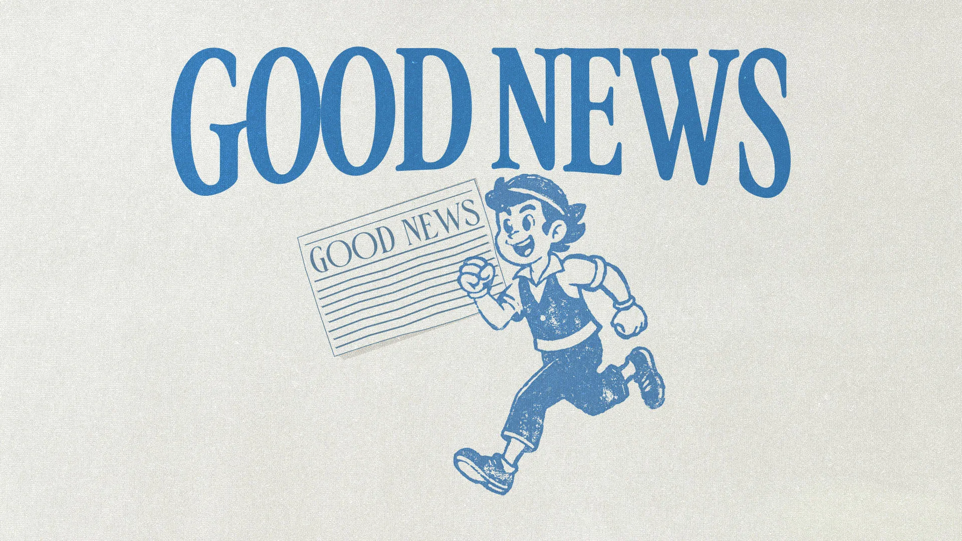 Vintage-style church media design featuring "Good News" text in blue with retro newsboy illustration holding newspaper