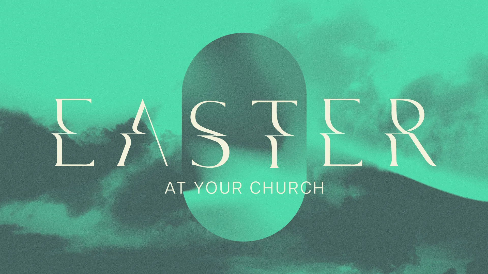 Contemporary Easter typography design with split letters on dreamy mint green cloudy background for modern church service promotion