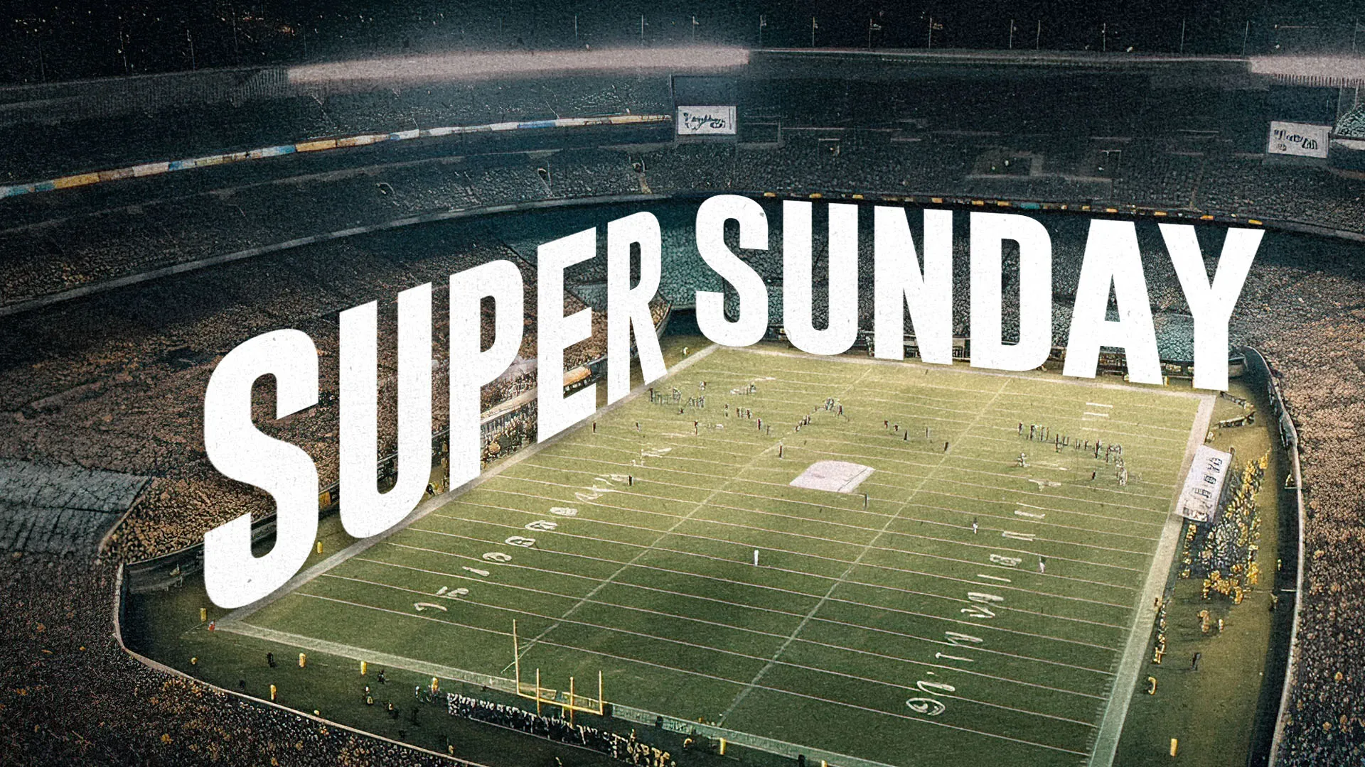 Super Sunday church media design featuring aerial view of football stadium with white typography overlay