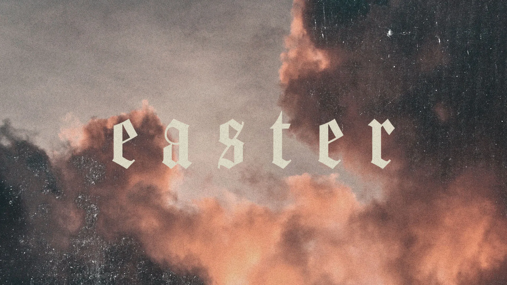 Easter church media design with gothic lettering over soft coral-colored clouds and vintage texture