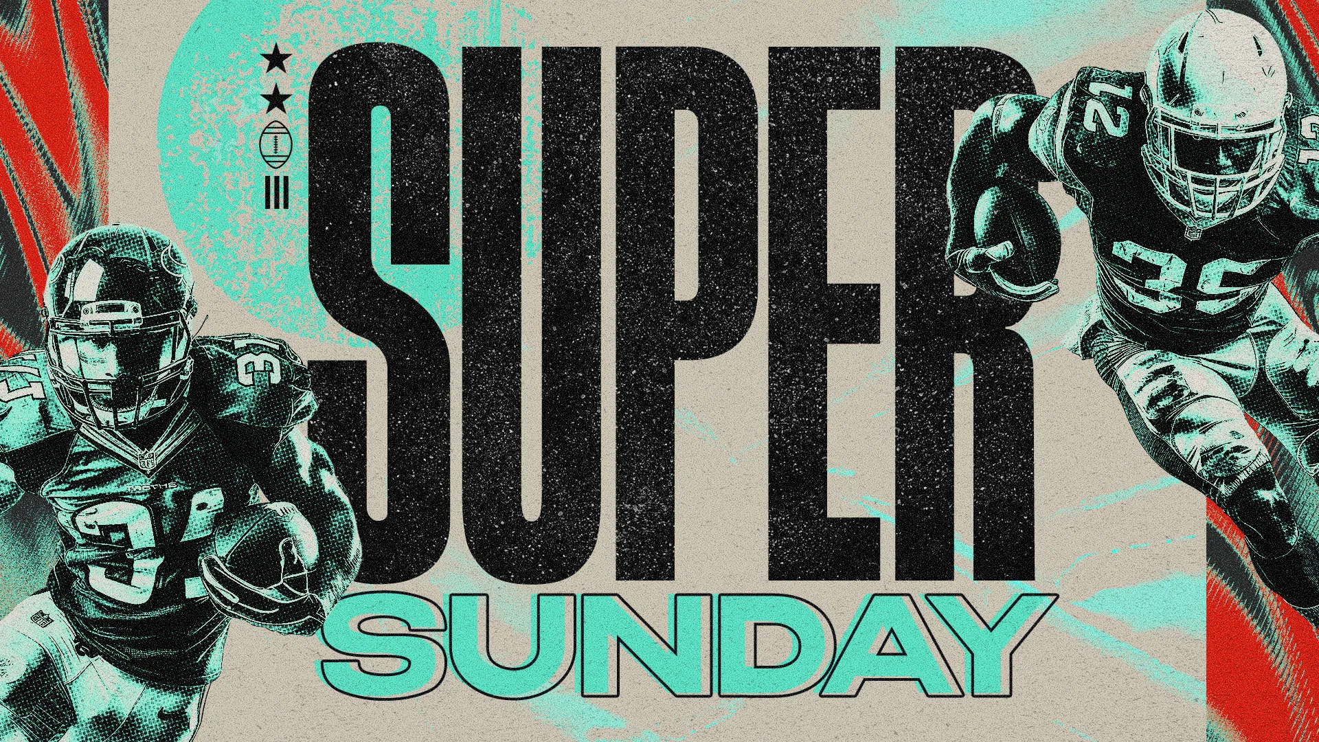 Retro-styled church media design for Super Bowl Sunday featuring football players in teal duotone effect with bold black typography