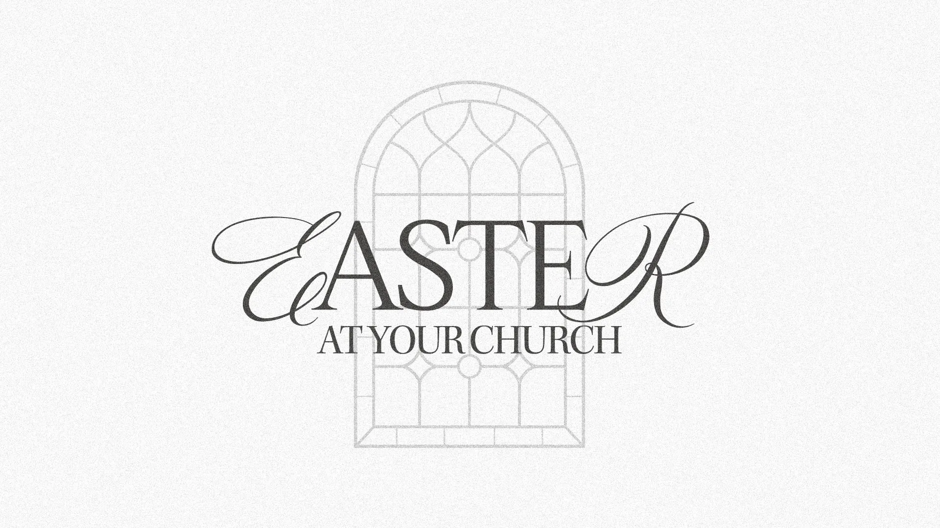 Minimalist Easter church media design with elegant black typography and gray stained glass window illustration on white background