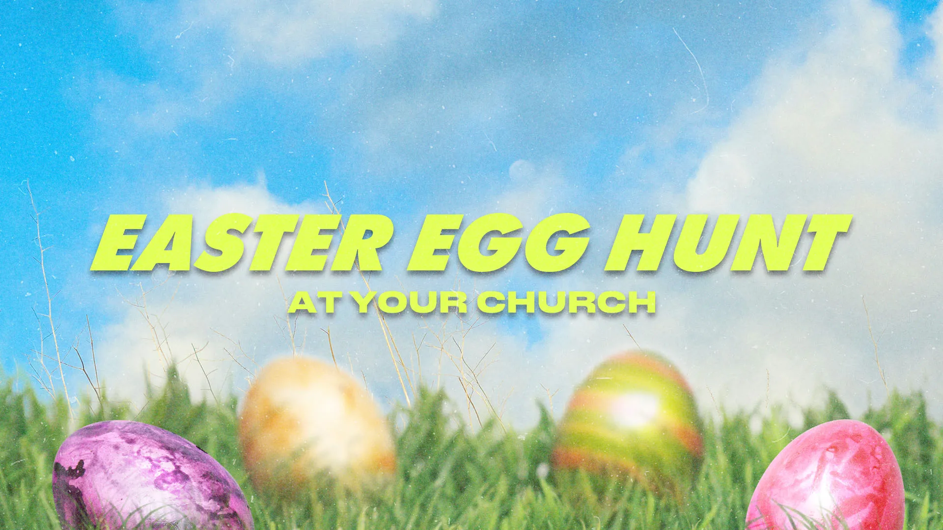 Church media template showing colorful Easter eggs in green grass with bright blue sky and yellow text promoting Easter egg hunt event