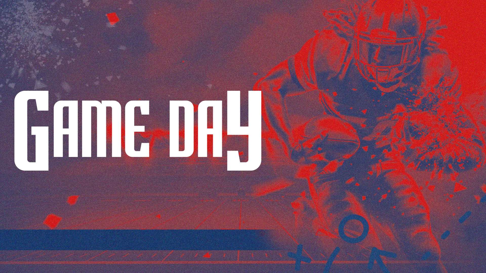 Game Day church media design featuring stylized red and blue football player silhouette with bold typography on gradient background