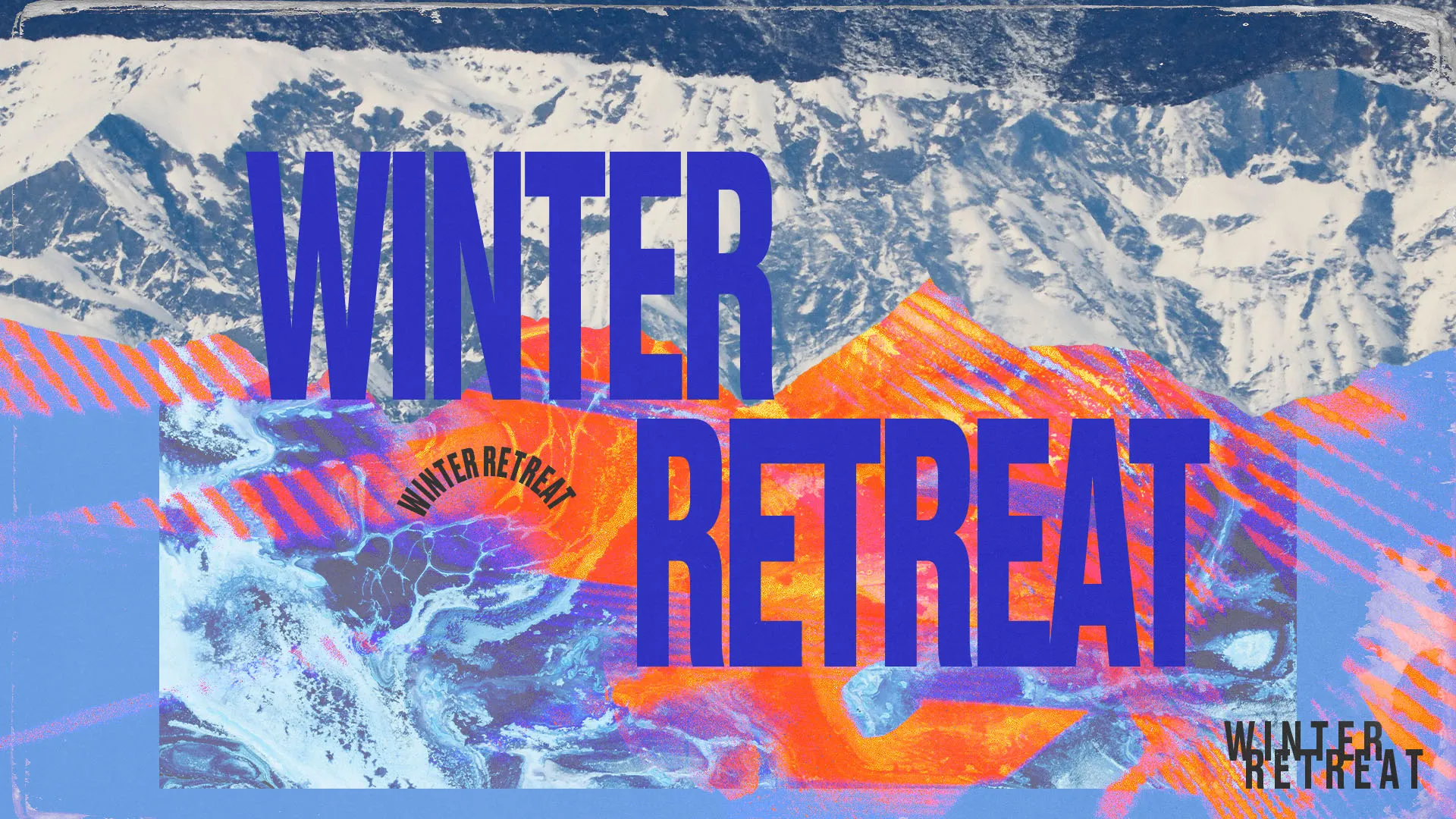 Winter retreat promotional design featuring snowy mountain landscape with bold blue typography against vibrant orange and purple abstract elements