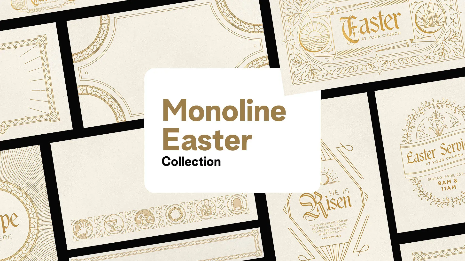 Preview of minimal Easter church media collection showing multiple designs with gold monoline artwork including service announcements, scripture quotes, and decorative borders on cream backgrounds