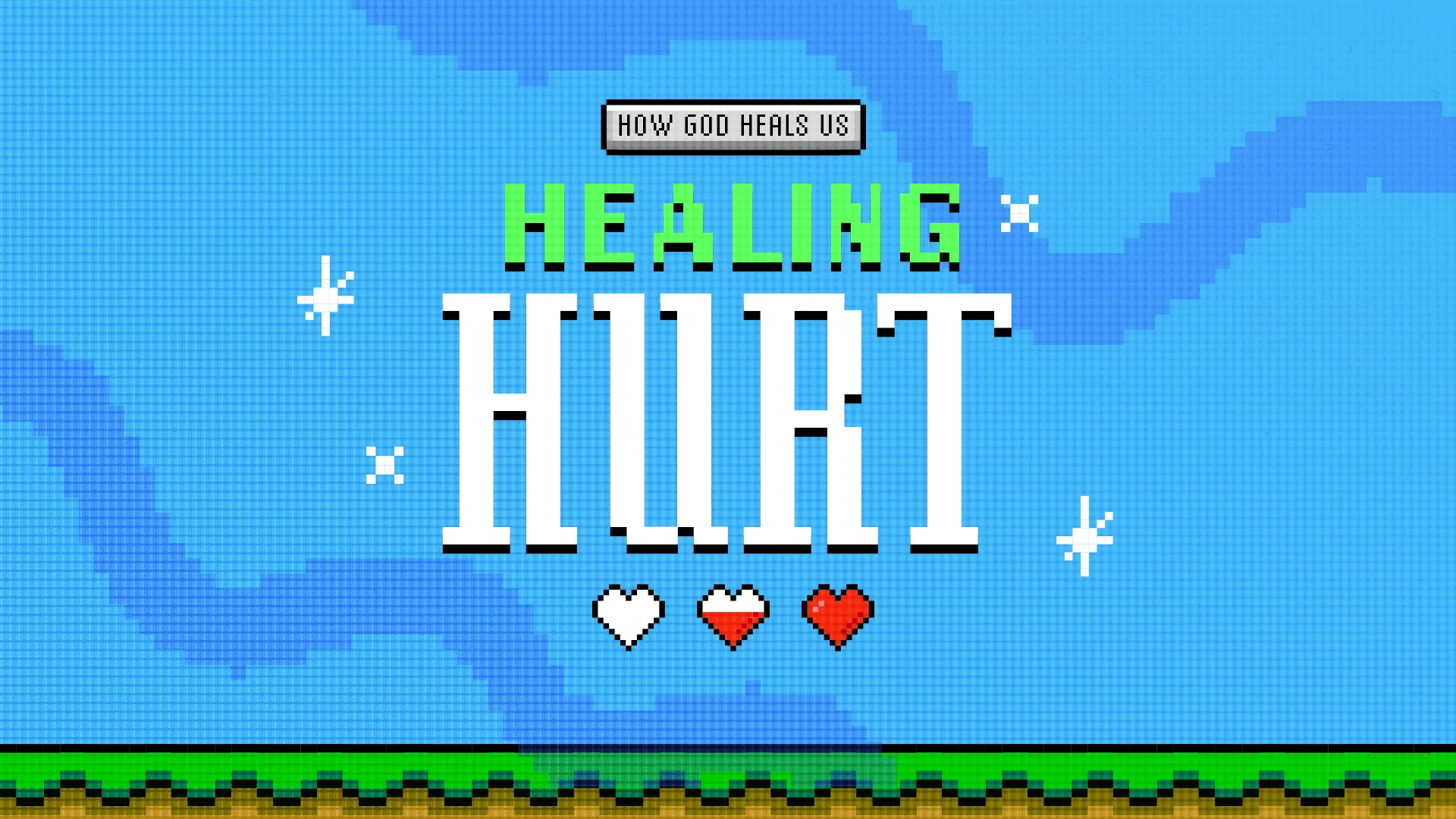 "Bold text reads 'Healing Hurt,' emphasizing God's healing power, surrounded by hearts and a vibrant, pixelated background."
