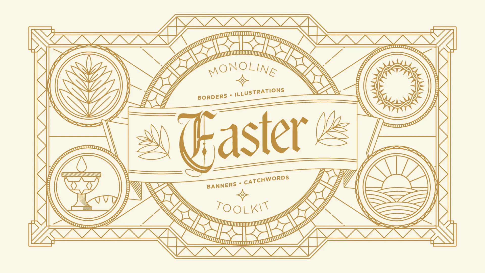 Minimal monoline Easter design toolkit featuring decorative borders, banners, and Christian symbols including crown of thorns, communion chalice, palm branch, and sunrise in gold on cream background