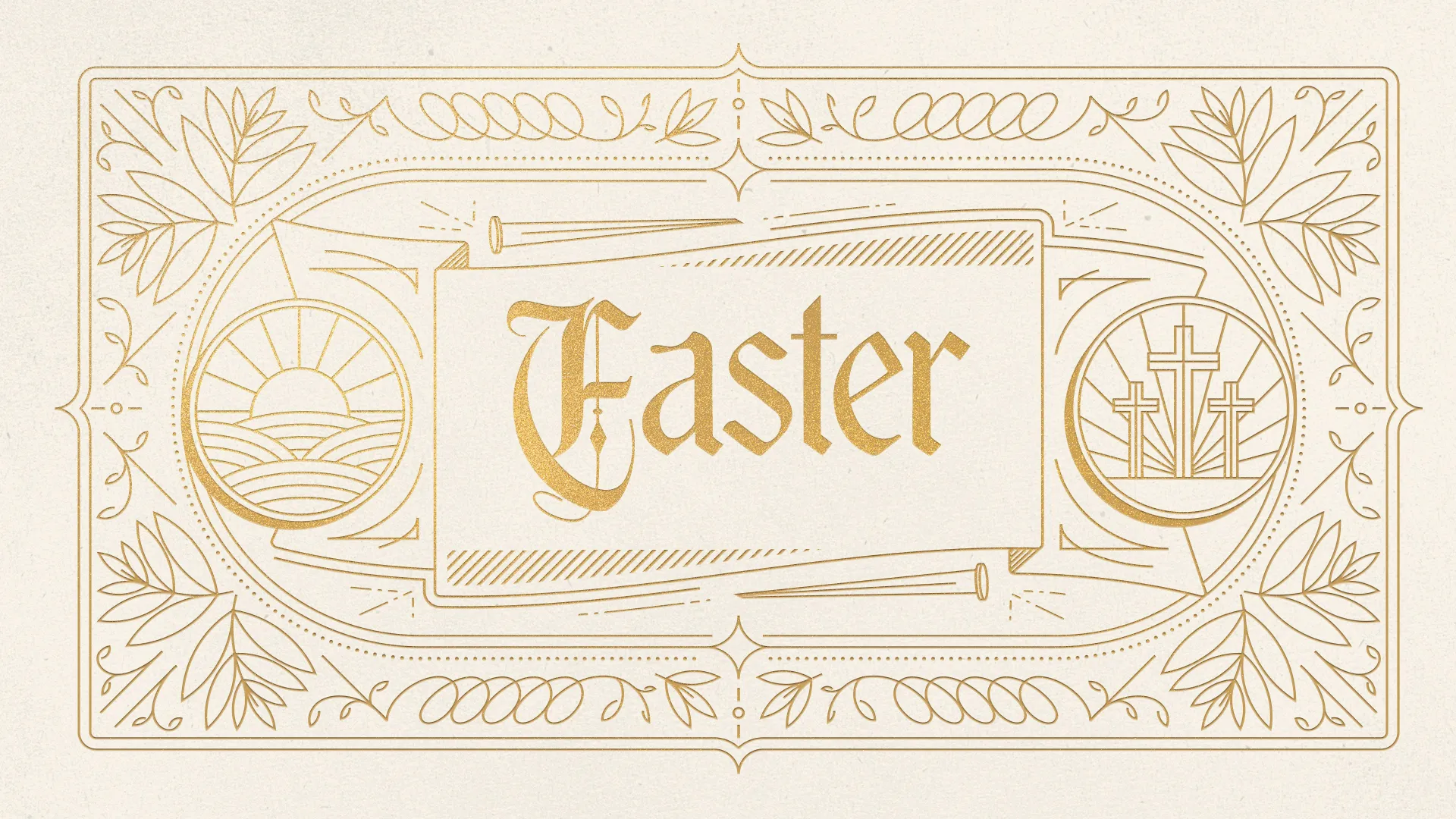 Easter celebration announcement featuring crosses, sunrise, and decorative elements symbolizing faith and community.