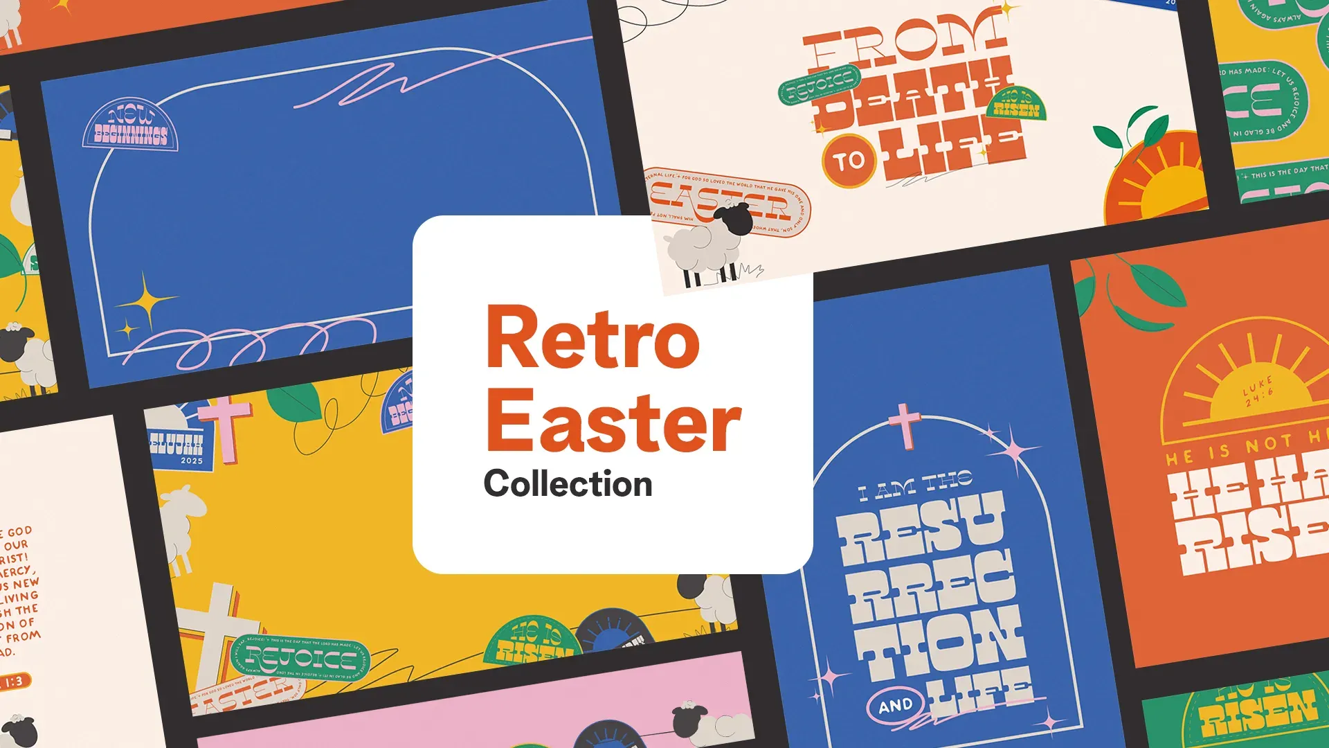 Collection of retro-styled Easter church presentation slides featuring vintage typography, decorative elements, and coordinated layouts in blue, orange, and yellow color schemes