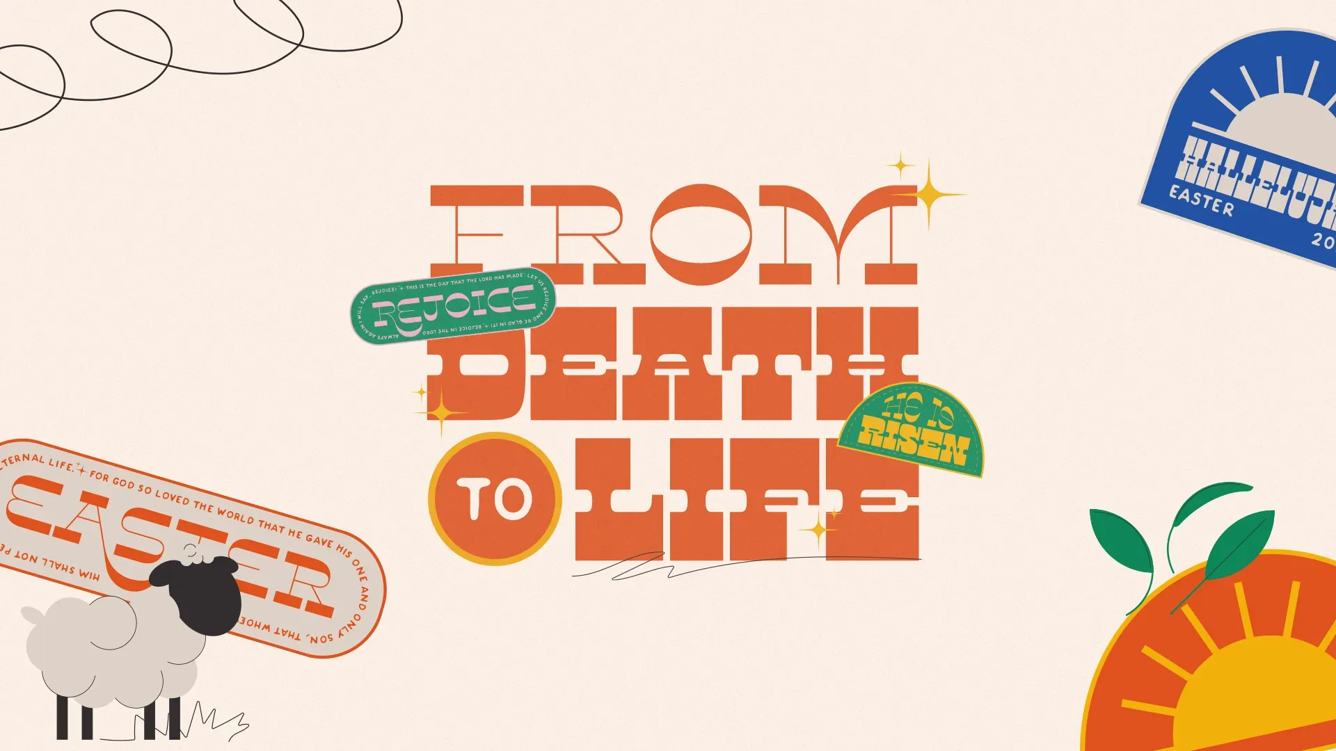 Modern Easter church media design with retro typography stating "From Death to Life" with decorative stickers and spring illustrations on cream background