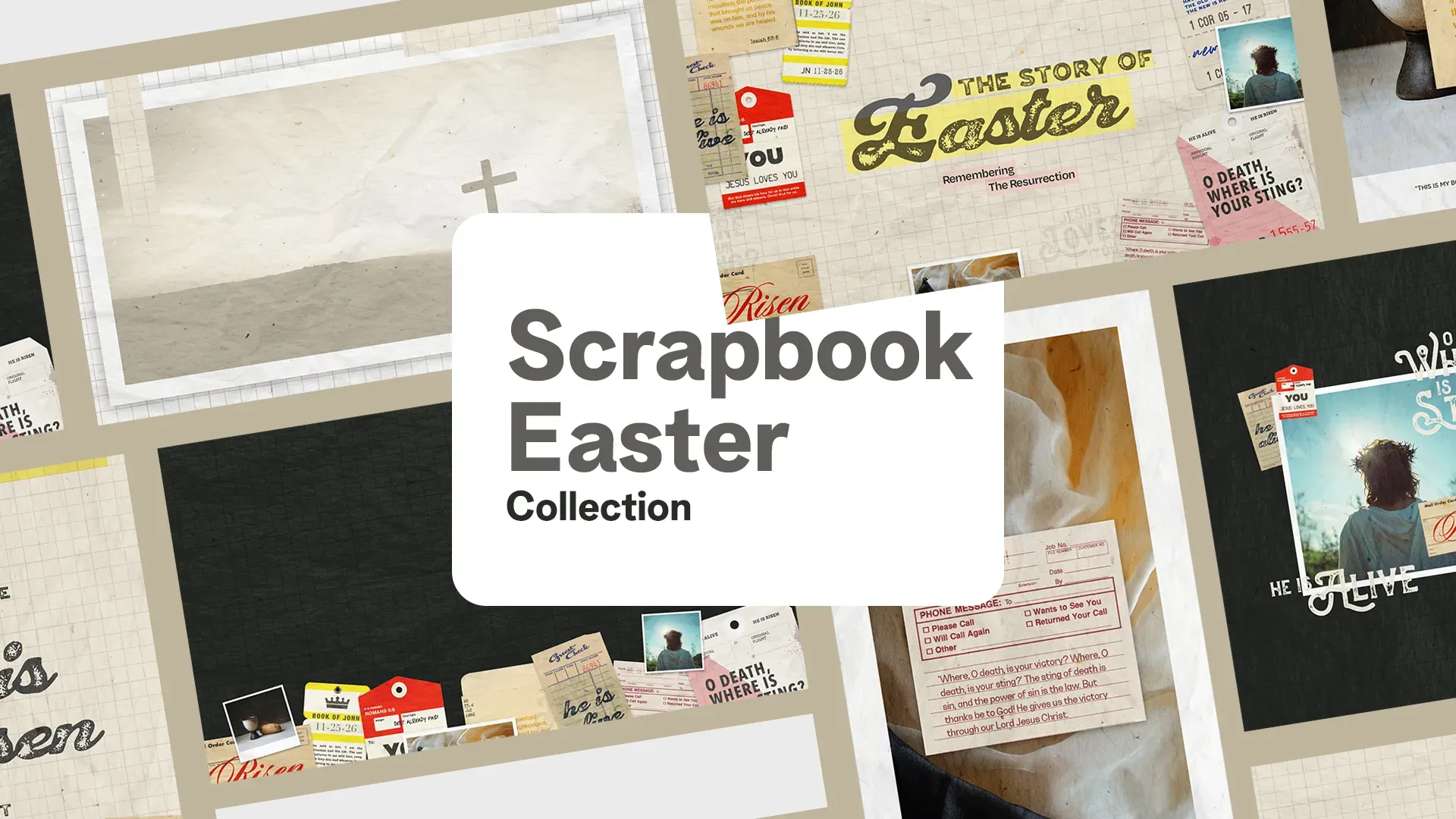 Collection of Easter church presentation slides featuring vintage scrapbook designs with various layouts, Scripture cards, and photo frames on grid paper backgrounds