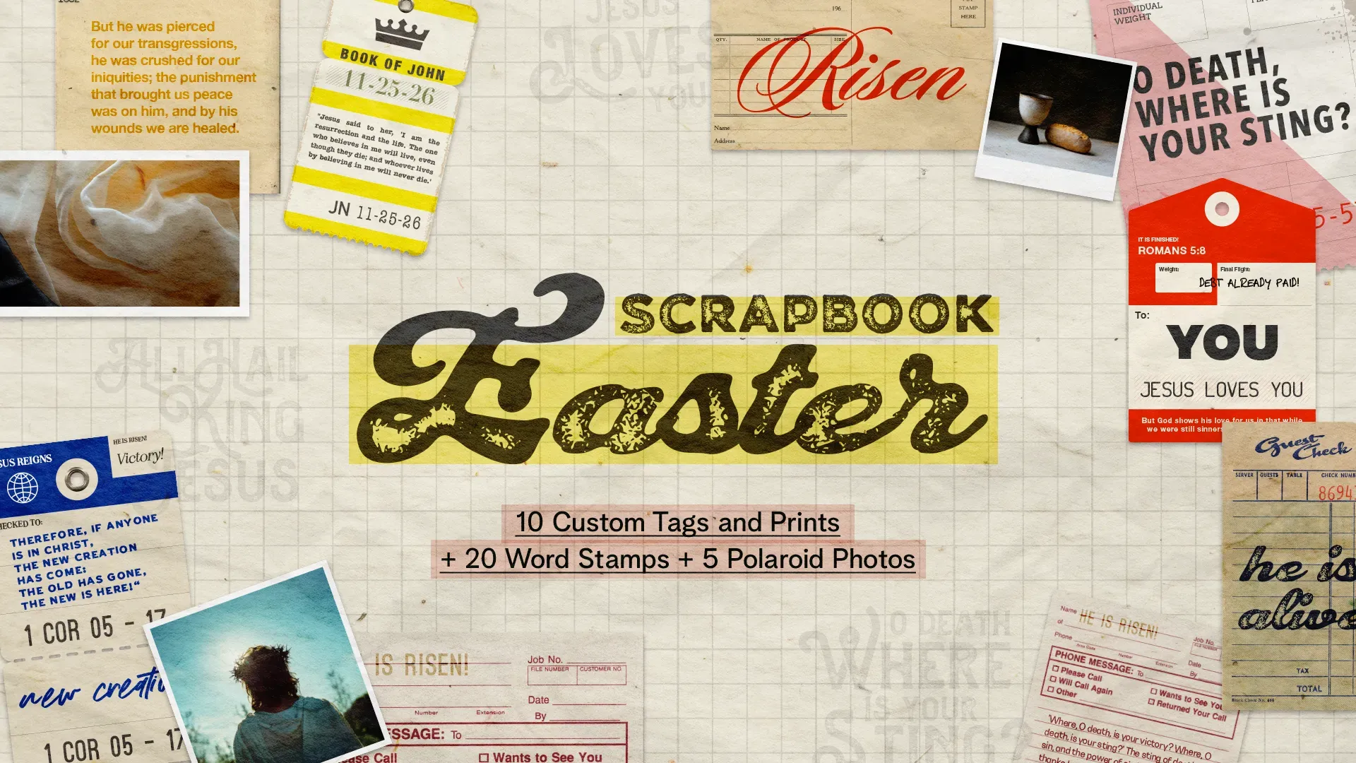 Easter scrapbook church media kit preview showing vintage design elements including custom tags, word stamps, and Polaroid frames on graph paper background