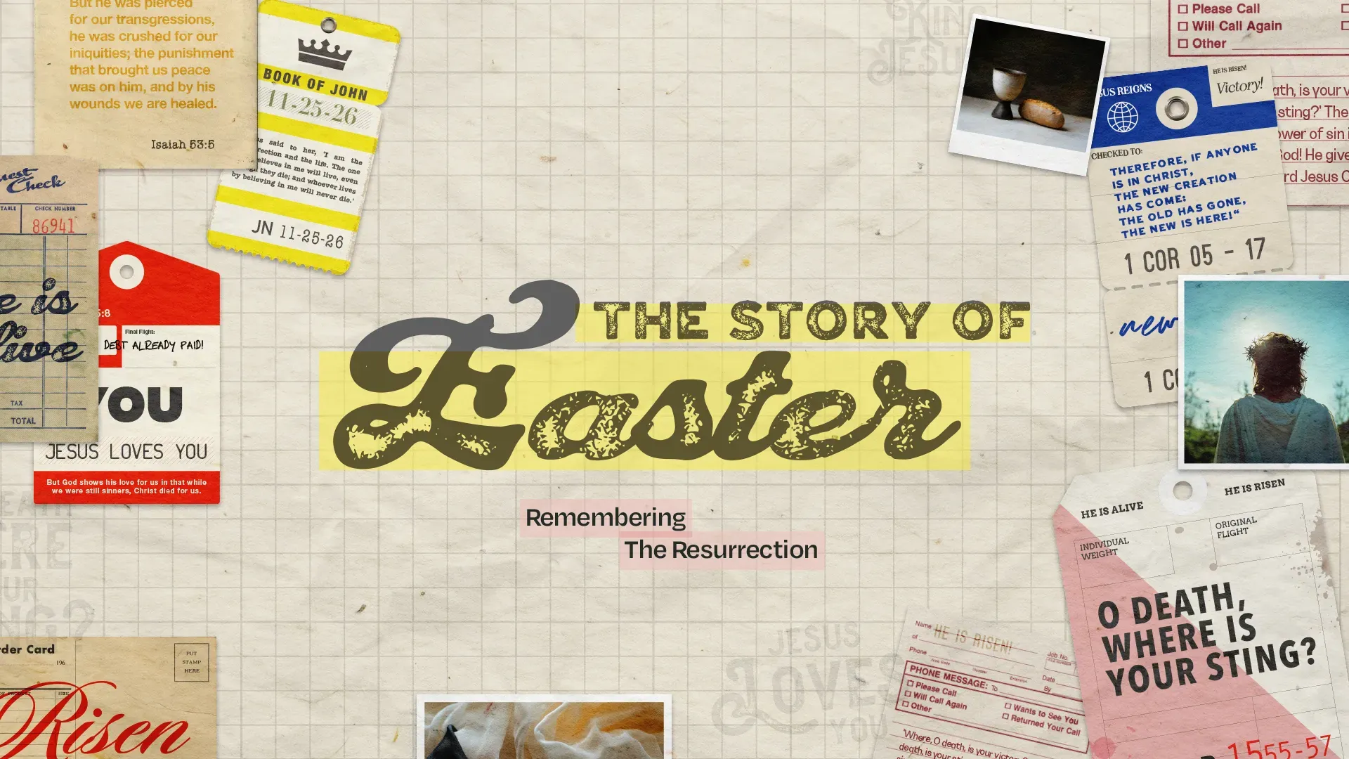 Vintage scrapbook-style Easter church media design featuring handwritten elements, Bible verses, and photos on graph paper background with "The Story of Easter" title