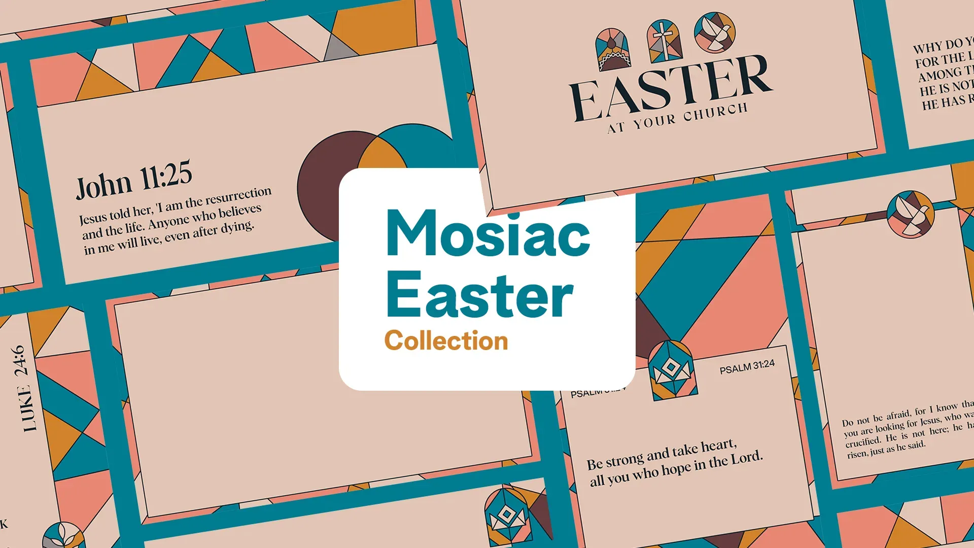 Collection of Easter church media slides featuring Bible verses from John and Psalms with mosaic-style geometric designs and modern typography