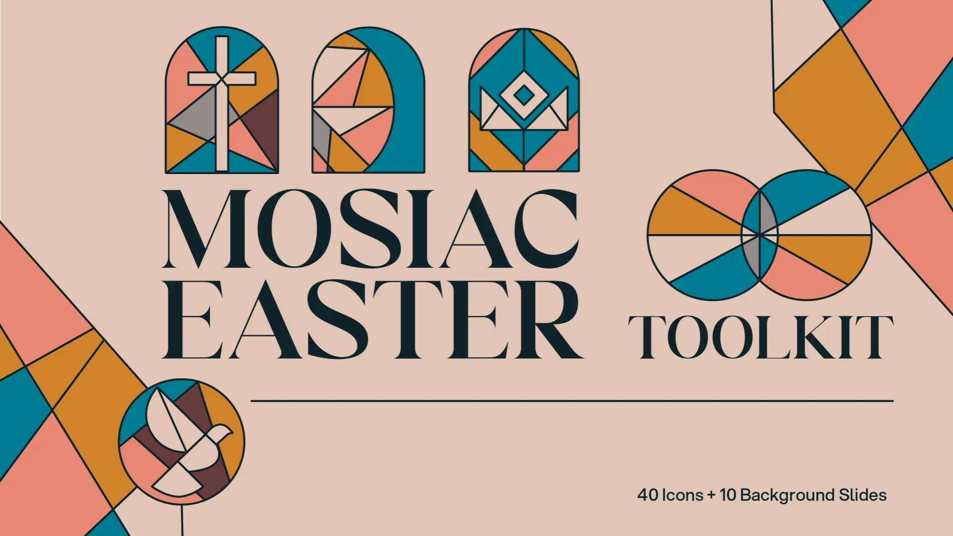 Mosaic Easter design toolkit featuring geometric stained glass icons and modern typography on cream background with 40 icons and 10 background slides