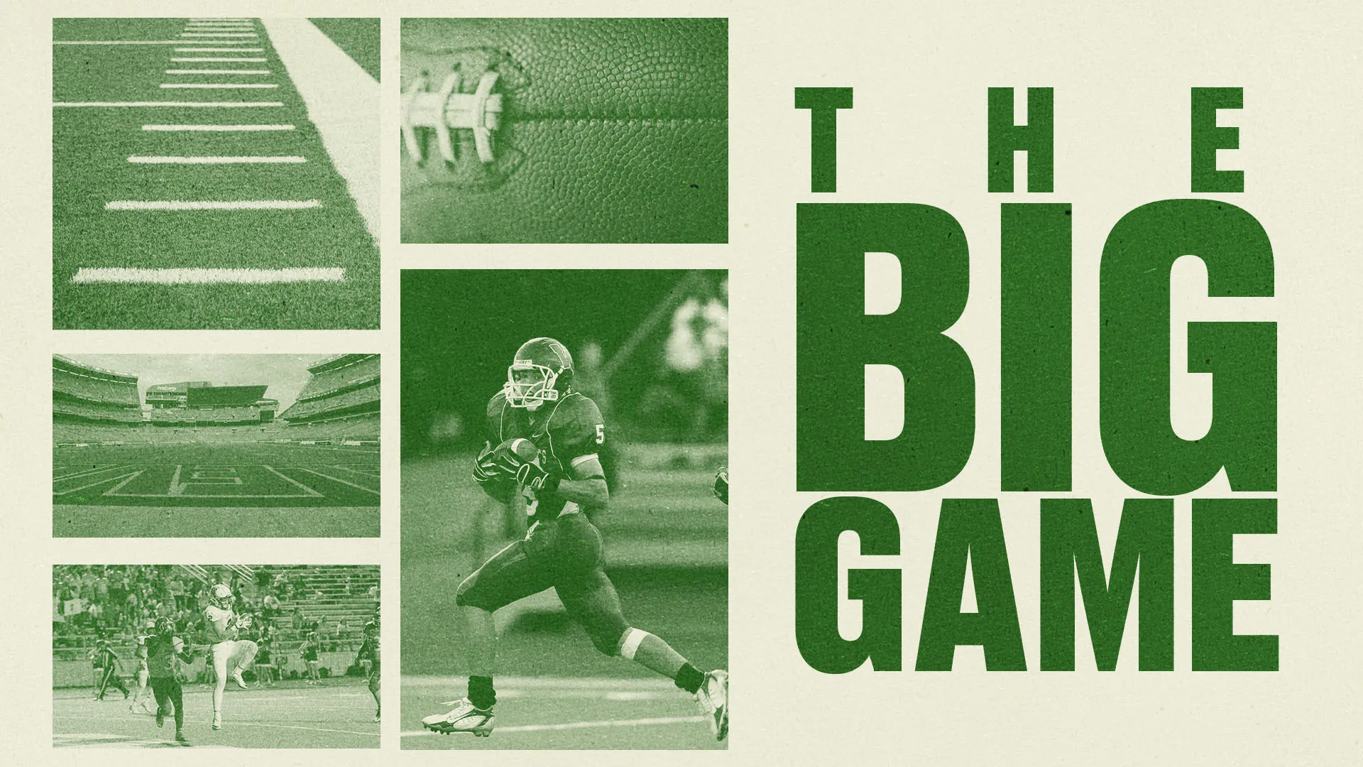 Church media design featuring vintage-style football photo collage with yard lines, football texture, stadium view, and player images in green tones with "THE BIG GAME" text
