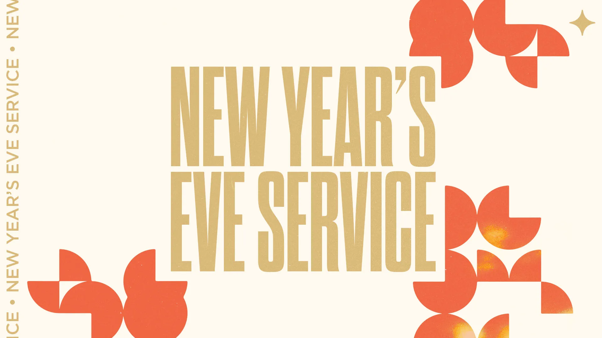 Experimental church media design for New Year's Eve service with bold gold typography and coral geometric flower patterns on white background