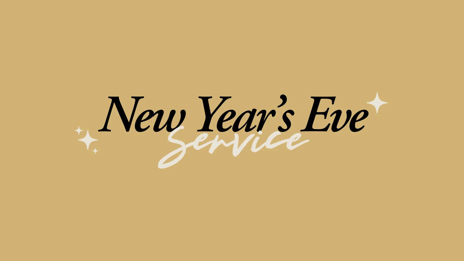 Professional church media design with "New Year's Eve Service" in elegant black and white typography with sparkle accents on golden background