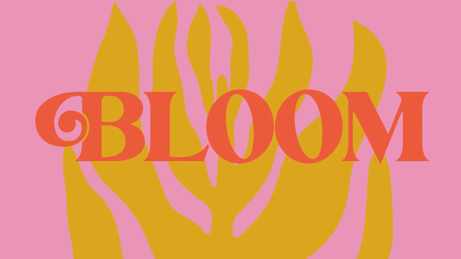Modern church media design with retro-style 'Bloom' typography in orange over stylized yellow flame on pink background